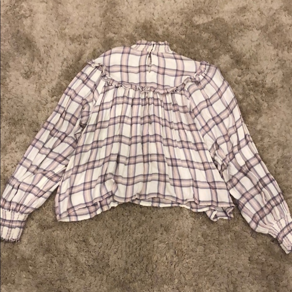 Free People Plaid Mock Neck Ruffle Blouse - Picture 3 of 7